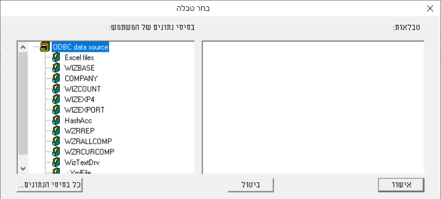 בחירת טבלה - יבוא מטבלת ODBC - חשבשבת מערכת ERP