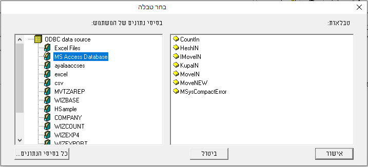 בחירת טבלה KupaIN - ACCESS Database - יבוא מטבלת ODBC - חשבשבת מערכת ERP